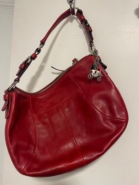 Coach Red Leather Shoulder Hobo with Silver Carriage Charm